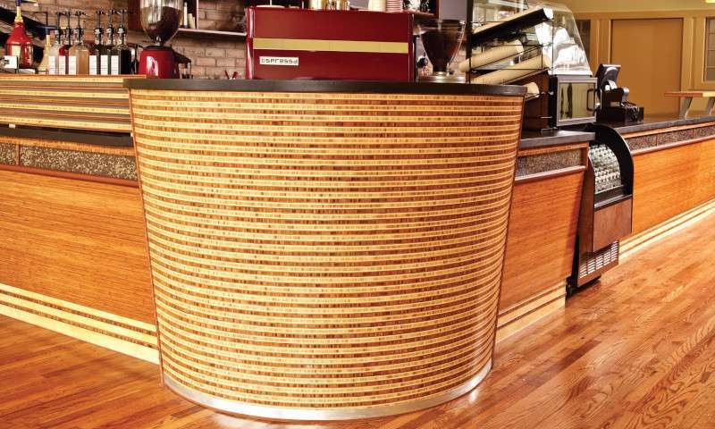 Unique counter space at Perky's Cafe featuring multiple layers of natural and edge grain plywood