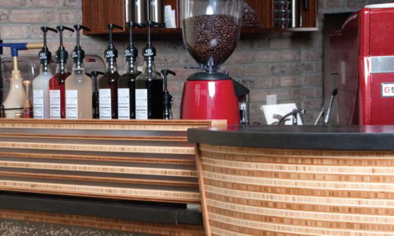 Unique counter space at Perky's Cafe featuring multiple layers of natural and edge grain plywood