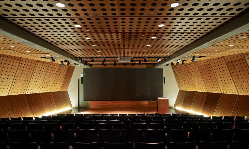 Syracuse Auditorium featuring Plyboo amber edge grain plywood to ceilings and walls