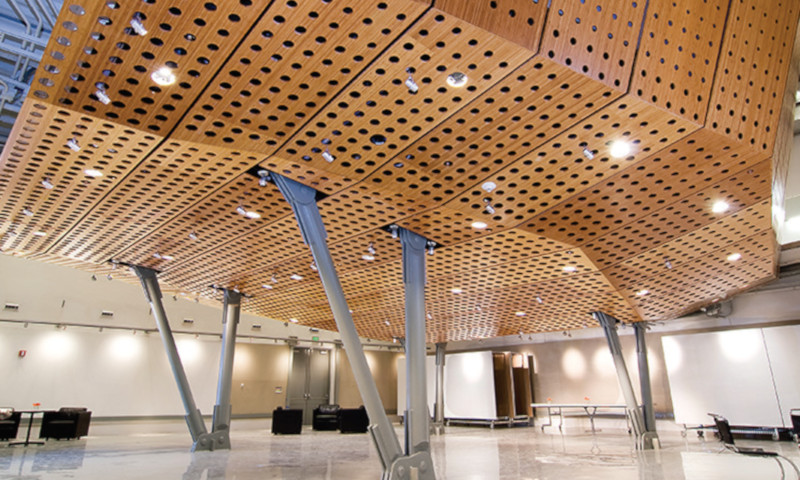 Syracuse Auditorium featuring Plyboo amber edge grain plywood to ceilings and walls