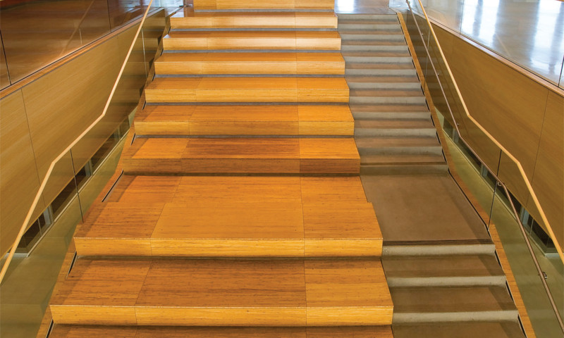 University staircase featuring Plyboo strand and flat grain amber plywood
