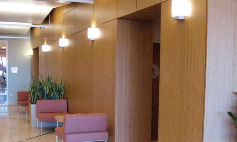 Hallway featuring bamboo plywood by Plyboo at UC San Francisco